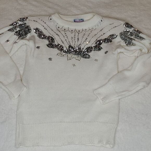 Vintage Beaded Sequin Long Sleeve Pullover Sweater, Hollywood & Vine, Sz Small - Picture 7 of 9